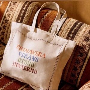 Sezane Cream Tote with Multicolor Embroidery